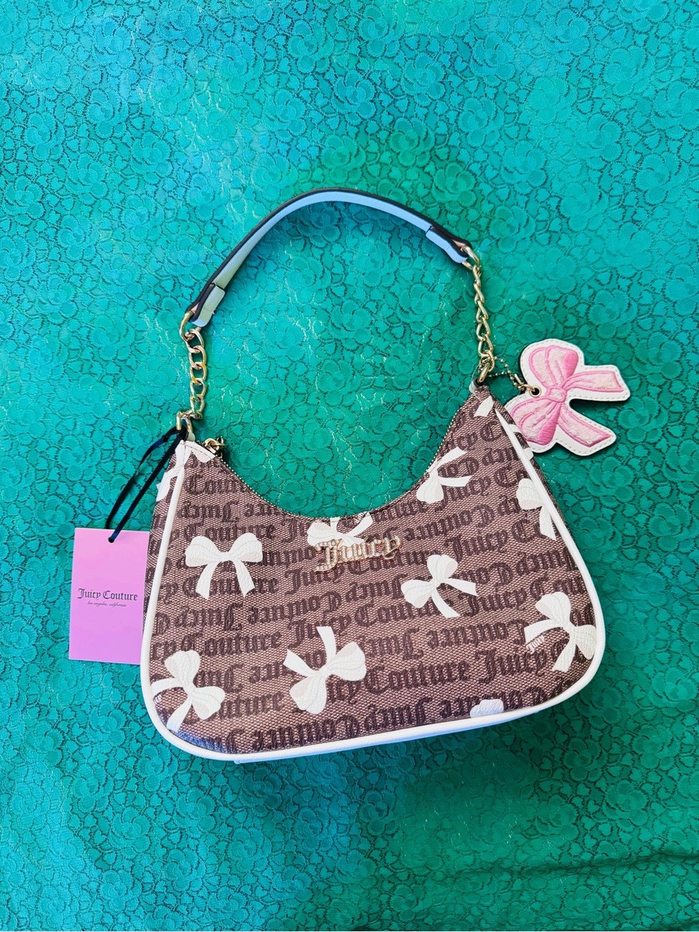 Juicy Couture Brown & White Bow Print Shoulder Bag with Pink Bow Charm